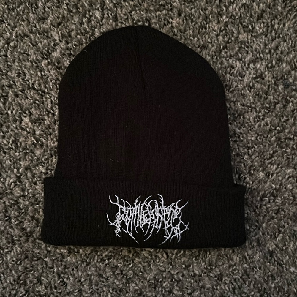 Black Embroidered Beanie Hat - Men